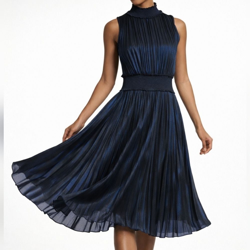 Nanette Lepore Pleated Smocked Mock Neck Midi Dress Navy Blue NWT 10 Elegant